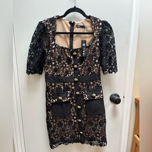 Ina Square Neck Overall Lace Mini Dress in Black Nude M S